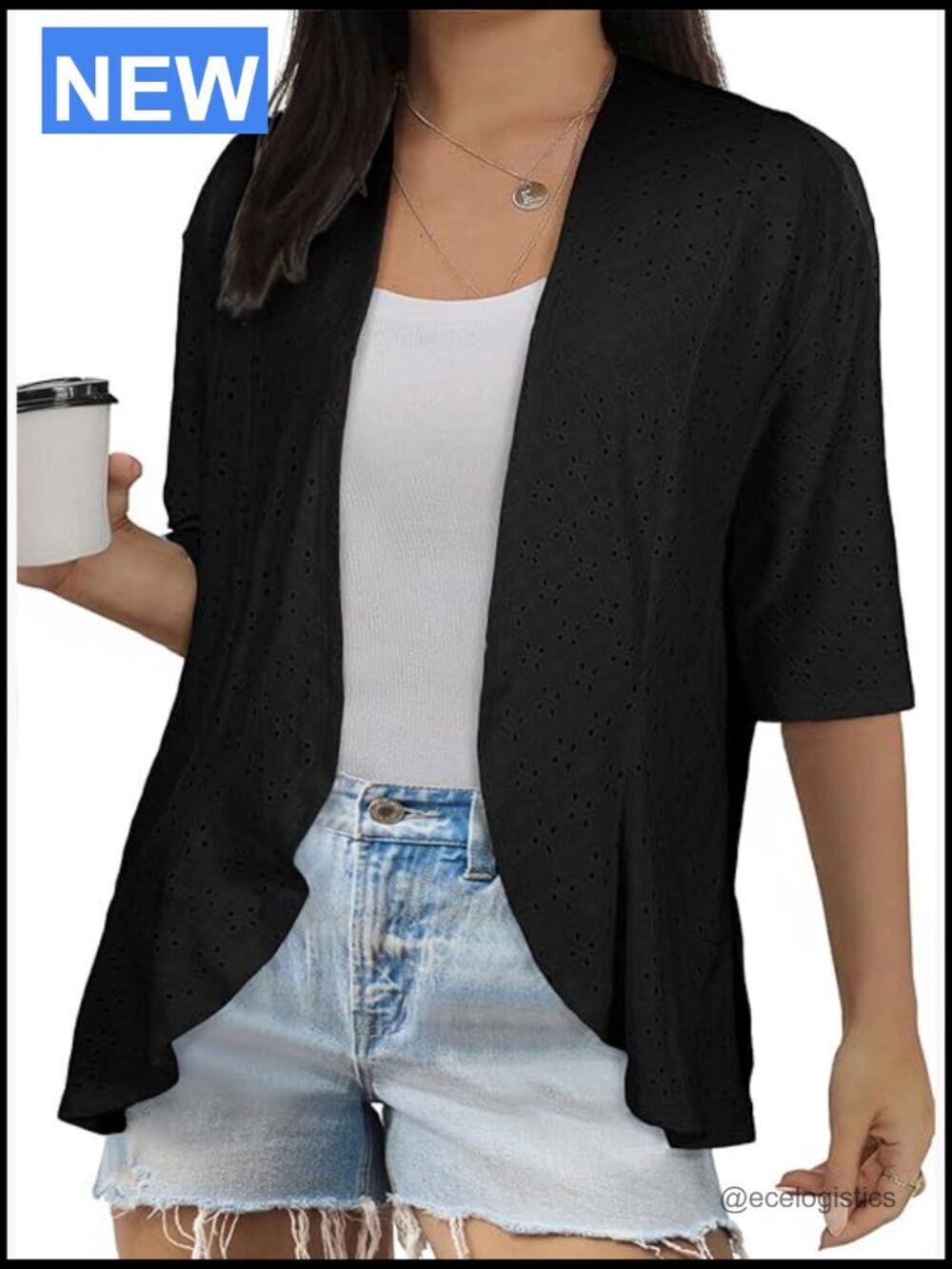 Plus Size Cardigan Half Sleeve Netted Knit Ruffle Kimono Cover Up 1X-5X